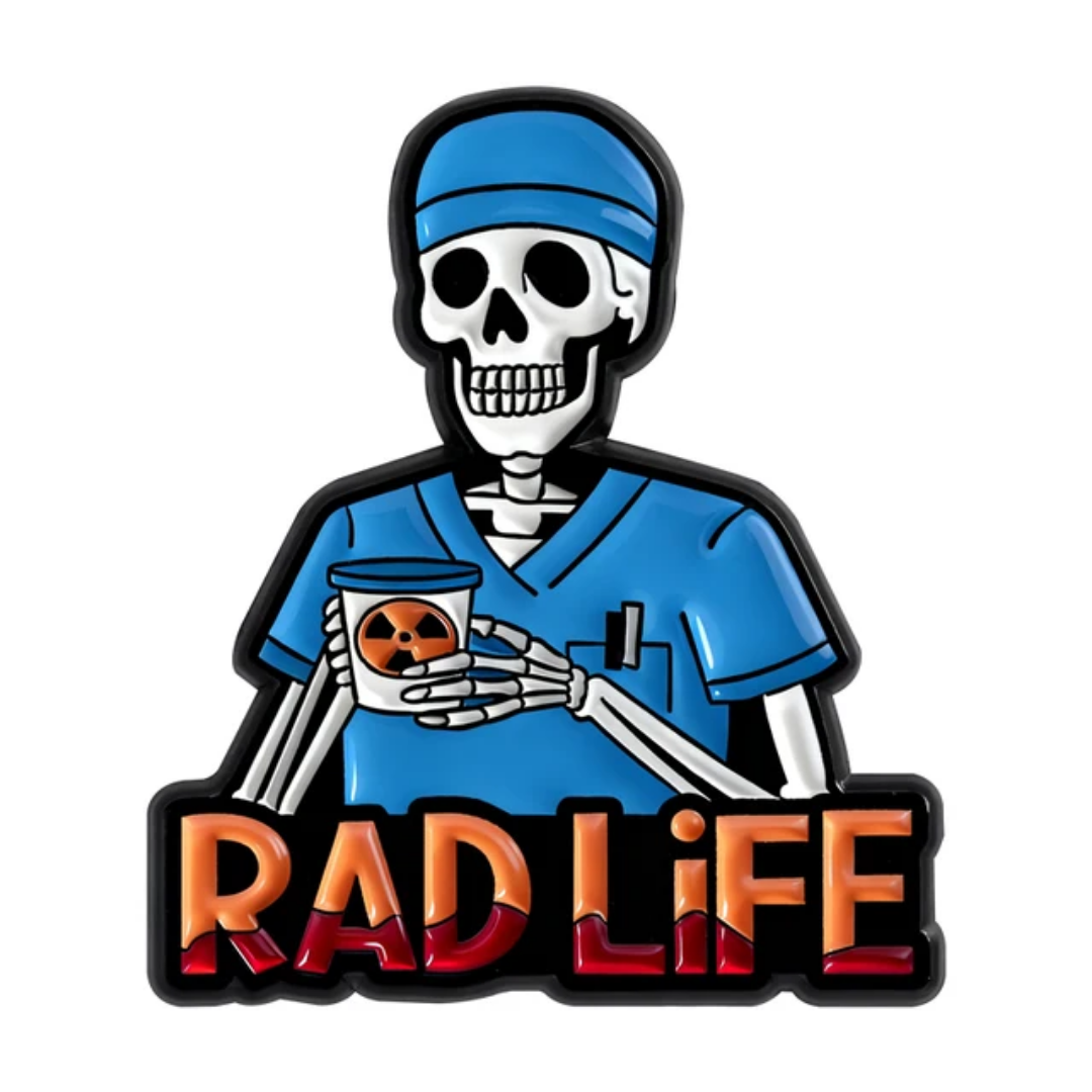 Lapel pin of funny skeleton doctor RAD LIFE