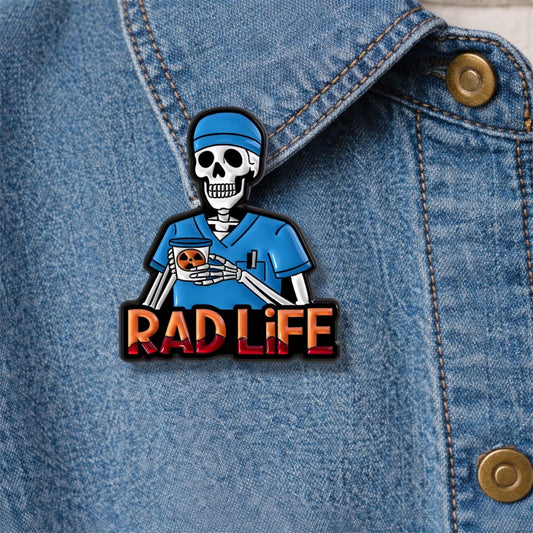Lapel pin of funny skeleton doctor RAD LIFE